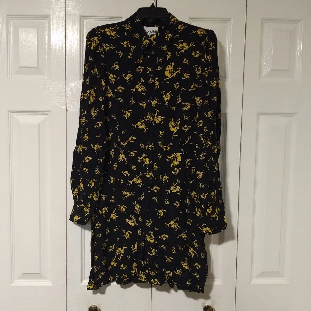 Ganni Black And Gold Floral Printed Crepe Mini Shirt Dress